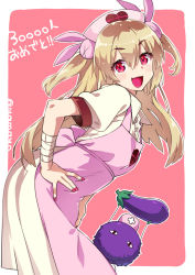 Rule 34 | 1girl, :d, apron, blonde hair, cowboy shot, eggplant, hand on own hip, hat, leaning forward, long hair, looking at viewer, nail polish, natori sana, nurse cap, open mouth, pink apron, pink background, pink hat, pink nails, red eyes, sana channel, smile, solo, standing, super zombie, translation request, two side up, virtual youtuber