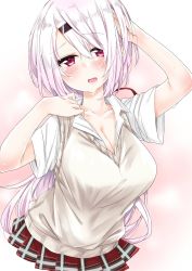 Rule 34 | 1girl, bad id, bad twitter id, beige sweater, blush, breasts, cleavage, collared shirt, cropped torso, ears visible through hair, hair ornament, hair over one eye, hair ribbon, hairclip, hand in own hair, hand on own neck, hands up, highres, hot, itou ayachi, large breasts, lips, long hair, looking at viewer, low ponytail, nijisanji, no neckwear, open mouth, pink background, pink eyes, pink hair, plaid, plaid skirt, pleated skirt, ponytail, red skirt, ribbon, school uniform, shiina yuika, shirt, short sleeves, skirt, solo, summer uniform, sweater vest, unbuttoned, unbuttoned shirt, v-neck, very long hair, virtual youtuber, white shirt