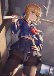 Rule 34 | 1girl, ahoge, aqua eyes, artoria pendragon (all), artoria pendragon (fate), blonde hair, blush, braid, breasts, fate/stay night, fate (series), from behind, hair ribbon, hand on own hip, highres, indoors, looking at viewer, medium breasts, mool yueguang, over shoulder, panties, panties under pantyhose, pantyhose, pleated skirt, ribbon, saber (fate), school uniform, serafuku, shinai, skirt, solo, standing, sword, sword over shoulder, thighband pantyhose, torn clothes, torn pantyhose, underwear, weapon, weapon over shoulder, white panties