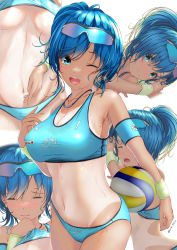 Rule 34 | 1girl, aigami shion, ball, bikini, bikini top lift, blue bikini, blue eyes, blue hair, blush, breasts, cameltoe, cleavage, closed mouth, clothes lift, collarbone, commentary request, eyewear on head, garter-velvet, highres, large breasts, looking at viewer, mole, mole on breast, multiple views, navel, necktie, one eye closed, open mouth, original, ponytail, sideboob, simple background, smile, sports sunglasses, sunglasses, sweat, sweatband, swimsuit, tan, tanline, tearing up, volleyball, volleyball (object), white background