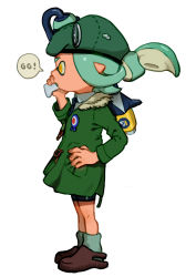 Rule 34 | 1girl, bike shorts, carrying over shoulder, coat, crocs, from side, full body, green hair, gun, hand on own hip, hat, inkling, inkling girl, inkling player character, military hat, monster girl, nintendo, open mouth, pointy ears, solo, speech bubble, splatoon (series), splatoon 1, tentacle hair, viibean, weapon, yellow eyes