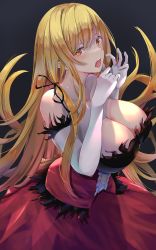 Rule 34 | 1girl, absurdres, bare shoulders, black background, black ribbon, blonde hair, blood, blood in mouth, blood on hands, breasts, cleavage, collarbone, commentary request, dress, elbow gloves, gloves, hair ribbon, highres, kiss-shot acerola-orion heart-under-blade, large breasts, long hair, looking at viewer, monogatari (series), open mouth, oshino shinobu, red dress, red eyes, ribbon, simple background, solo, vampire, very long hair, white gloves, yuunamida uyu