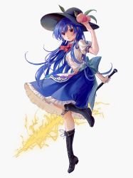 Rule 34 | 1girl, 80isiiii, arm up, black footwear, black hat, blue hair, blue skirt, boots, bow, bowtie, cross-laced footwear, expressionless, food, frills, fruit, grey background, hat, highres, hinanawi tenshi, holding, holding sword, holding weapon, knee boots, lace-up boots, long hair, looking at viewer, parted lips, peach, puffy short sleeves, puffy sleeves, red bow, red bowtie, short sleeves, skirt, solo, standing, standing on one leg, sword, sword of hisou, touhou, very long hair, weapon