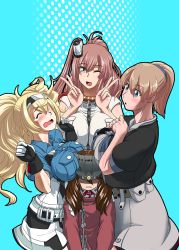 Rule 34 | 4girls, black shirt, blonde hair, blouse, blue shirt, breast envy, breast pocket, breast rest, breasts, breasts on head, brown hair, collared shirt, gambier bay (kancolle), hair between eyes, highres, intrepid (kancolle), kantai collection, large breasts, long hair, multiple girls, pocket, ponytail, ramsus, ryuujou (kancolle), saratoga (kancolle), shirt, short hair, side ponytail, tears, twintails, v, white shirt