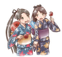 Rule 34 | 10s, 2girls, :d, alternate costume, ayanami (kancolle), brown eyes, brown hair, candy, candy apple, commentary, hand fan, food, hair ribbon, holding, holding candy, holding food, japanese clothes, kantai collection, karasu (naoshow357), kimono, long hair, looking at another, multiple girls, open mouth, ponytail, ribbon, shikinami (kancolle), side ponytail, smile, very long hair, white background, yukata