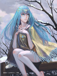 Rule 34 | 10s, 1girl, bare legs, barefoot, blue eyes, blue hair, circlet, dress, earrings, fingers together, jewelry, long hair, necklace, original, pendant, poncho, seisen cerberus, sitting, snow, solo, traditional clothes, xiaji