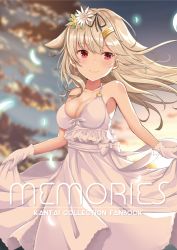 Rule 34 | 1girl, akino ell, black ribbon, blonde hair, blush, breasts, cleavage, clothes lift, cloud, collarbone, copyright name, dress, dress lift, earrings, flower, gloves, hair flaps, hair flower, hair ornament, hair ribbon, hairclip, heart, heart earrings, highres, jewelry, kantai collection, long hair, medium breasts, moon, night, night sky, o-ring, red eyes, ribbon, sky, smile, solo, twilight, white dress, white gloves, yuudachi (kancolle), yuudachi kai ni (kancolle)