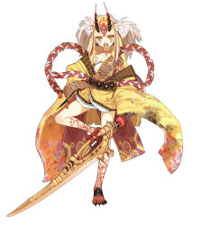 Rule 34 | 1girl, bare shoulders, blonde hair, breasts, cleavage, facial mark, fate/grand order, fate (series), full body, highres, horns, ibaraki douji (fate), japanese clothes, kimono, long hair, looking at viewer, official art, oni, oni horns, open mouth, pale skin, simple background, solo, sword, tattoo, weapon, white background, yellow eyes