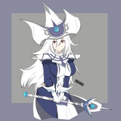 1girl absurdres artist_name blue_dress breasts dress duel_monster gloves grey_background grey_hair hat highres hip_vent holding holding_staff long_hair purple_eyes silent_magician simple_background smile staff tabard white_gloves white_hat white_tabard wizard_hat yoe_7u7 yu-gi-oh!