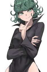 Rule 34 | 1girl, black dress, breasts, closed mouth, covered navel, crossed arms, curly hair, dress, finger to own chin, green eyes, green hair, highres, jourd4n, long sleeves, looking at viewer, medium breasts, one-punch man, short hair, smile, solo, tatsumaki, thighs, white background