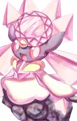 Rule 34 | 1girl, animal ears, artist name, chest jewel, colored sclera, colored skin, creatures (company), diancie, female focus, game freak, gen 6 pokemon, happy, highres, legendary pokemon, long hair, mythical pokemon, nintendo, open mouth, pink eyes, pink gemstone, pink hair, pokemon, pokemon (creature), purple skin, red sclera, rock, signature, simple background, smile, solo, tensaitou tou, twintails, twitter username, white background