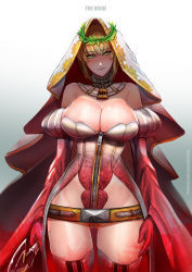 Rule 34 | 10s, 1girl, badcompzero, blonde hair, blood, blood on clothes, breasts, bridal veil, cleavage, cowboy shot, detached sleeves, fate/extra, fate/grand order, fate (series), gluteal fold, large breasts, leotard, looking at viewer, nero claudius (bride) (fate), nero claudius (fate), nero claudius (fate), solo, strapless, strapless leotard, sword, thigh gap, thighhighs, veil, weapon, zipper