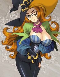 Rule 34 | 1girl, breasts, brown eyes, brown hair, glasses, grand knights history, hat, large breasts, lips, long hair, muse cromwell, one eye closed, smile, solo, wink, witch hat, yukiyanagi