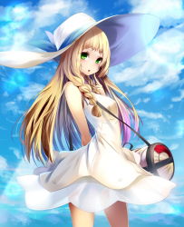 Rule 34 | 1girl, arm behind back, bad id, bad pixiv id, bag, bare arms, bare shoulders, blonde hair, blue sky, blush, braid, breasts, chestnut mouth, cloud, cloudy sky, cowboy shot, creatures (company), day, dress, eyelashes, finger to cheek, game freak, green eyes, hat, hat ribbon, legs apart, lillie (pokemon), long hair, looking at viewer, ming (torga), nintendo, pink hair, pokemon, pokemon sm, ribbon, see-through, short dress, sky, sleeveless, sleeveless dress, small breasts, solo, standing, sun hat, twin braids, white dress, white hat