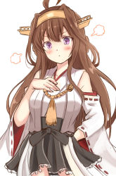 Rule 34 | &gt;:t, 10s, 1girl, :t, absurdres, ahoge, bare shoulders, black skirt, brown hair, detached sleeves, double bun, hair between eyes, hairband, hand on own chest, headgear, highres, japanese clothes, kantai collection, kongou (kancolle), long hair, nontraditional miko, pleated skirt, pout, purple eyes, ribbon-trimmed sleeves, ribbon trim, shibakame, shibakame (917narto8537), simple background, skirt, solo, v-shaped eyebrows, white background, wide sleeves