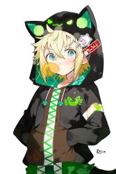 Rule 34 | 1boy, animal ears, black jacket, blonde hair, blue eyes, bubble, blowing bubbles, chewing gum, child, commentary request, extra ears, fake animal ears, hair between eyes, hands in pockets, highres, hood, hood up, hoodie, jacket, male focus, marui shiro, original, paw print, simple background, sticker, white background