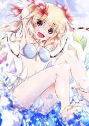 Rule 34 | 1girl, armpits, arms behind head, bare legs, barefoot, bikini, blonde hair, blush, bow, breasts, fang, fangs, feet, flandre scarlet, flower, hair flower, hair ornament, nagii yuki, navel, open mouth, red eyes, short hair, side ponytail, smile, solo, soulhunter en, swimsuit, toes, touhou, water, wings