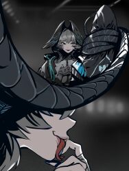 Rule 34 | 1boy, 1girl, absurdres, aqua eyes, aqua nails, aqua wings, arknights, between breasts, black jacket, breasts, close-up, coat, dark background, doctor (arknights), dress, eyeshadow, fangs, feathered wings, fingerless gloves, forked tongue, gloves, grey hair, hand on own chest, head wings, highres, ho&#039;olheyak (arknights), hood, hooded jacket, jacket, large breasts, licking, licking finger, long coat, looking at another, makeup, open clothes, open coat, prehensile tail, red eyeshadow, savadava, short hair, sidelocks, snake tail, strangling, strap between breasts, tail, tongue, upper body, white dress, wide sleeves, wings