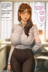 Rule 34 | 1girl, absurdres, arm at side, arm behind back, artist name, bandaged hand, bandages, black pants, blurry, blurry background, breasts, brown eyes, brown hair, collared shirt, depth of field, dress shirt, english text, hair over shoulder, highres, huge breasts, indoors, long hair, looking at viewer, original, pants, roborobocap, shirt, shirt tucked in, solo, speech bubble, standing, white shirt