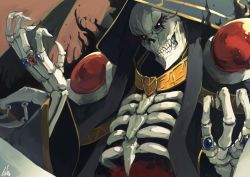Rule 34 | 1boy, ainz ooal gown, aura, black sclera, cloak, colored sclera, commentary, hood, hood up, jewelry, lansane, lich, long sleeves, looking at viewer, male focus, necromancer, overlord (maruyama), ribs, ring, signature, skeleton, solo, teeth, upper body, wide sleeves