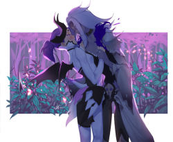 Rule 34 | 2girls, banshee moira, black choker, black horns, black wings, blush, choker, demon tail, demon wings, forest, height difference, holding another&#039;s wrist, horns, imminent kiss, imp mercy, mercy (overwatch), mini wings, moira (overwatch), multiple girls, nature, official alternate costume, outside border, overwatch, overwatch 1, pale skin, purple eyes, purple hair, purple wings, short ponytail, silver hair, ssaknanda, tail, tail grab, tall female, wings, yuri