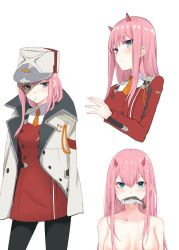 Rule 34 | 10s, absurdres, aqua eyes, candy, coffeedog, commentary, darling in the franxx, eyeshadow, fish, food, hair over breasts, highres, horns, lollipop, makeup, military, military uniform, multiple views, orange neckwear, pantyhose, pink hair, uniform, zero two (darling in the franxx)