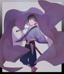 Rule 34 | 1boy, arm guards, black hair, blue kimono, blue pants, border, carrying over shoulder, collared shirt, empty eyes, feet out of frame, from side, grey background, hand up, haori, haori removed, highres, hip vent, holding, holding sword, holding weapon, jacket, japanese clothes, katana, kimono, long sleeves, looking at viewer, looking to the side, male focus, okurase, pants, purple jacket, rurouni kenshin, scabbard, seta soujirou, sheath, shirt, short hair, simple background, smile, solo, standing, sword, unsheathed, waraji, weapon, white shirt, wide sleeves