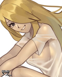 Rule 34 | 1girl, absurdres, alternate costume, artist name, blonde hair, breasts, commentary, creatures (company), cynthia (pokemon), eyelashes, from side, game freak, grey eyes, grin, hair over one eye, highres, long hair, looking to the side, nintendo, orlek, pokemon, pokemon dppt, shirt, short sleeves, simple background, smile, solo, t-shirt, teeth, wet, wet clothes, wet shirt, white background, white shirt