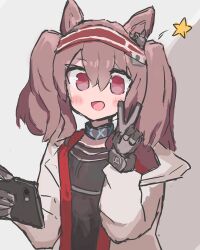 Rule 34 | 1girl, angelina (arknights), animal ears, arknights, black gloves, blush, brown hair, cellphone, coat, commentary request, gloves, grey background, hairband, highres, holding, holding phone, infection monitor (arknights), jacket, long hair, long sleeves, looking at viewer, open clothes, open jacket, open mouth, phone, red eyes, red hairband, smartphone, smile, solo, twintails, two-tone hairband, upper body, user mvyy7457, v, white coat