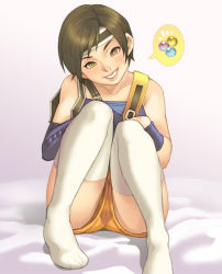 Rule 34 | 1990s (style), 1girl, bad id, bad pixiv id, brown eyes, brown hair, dirge of cerberus final fantasy vii, final fantasy, final fantasy vii, head tilt, headband, lips, maou alba, materia, no shoes, retro artstyle, short hair, shorts, sitting, solo, speech bubble, thighhighs, white thighhighs, yuffie kisaragi