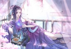 Rule 34 | 1girl, bare legs, bottle, cherry blossoms, cup, curtains, dress, food, hair rings, hand fan, highres, jimo qingfeng, long hair, lying, off-shoulder dress, off shoulder, on side, petals, plate, purple dress, purple hair, qinshi mingyue, railing, second-party source, smile, sweets, zi nu (qin shi ming yue)