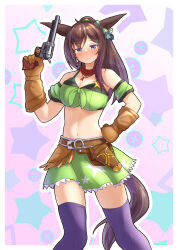Rule 34 | 1girl, absurdres, animal ears, armband, bandeau, blush, breasts, brown gloves, brown hair, cleavage, cosplay, cowboy shot, embarrassed, gloves, green armband, green bandeau, green skirt, gun, handgun, highres, holding, holding gun, holding weapon, holster, horse ears, horse girl, long hair, mejiro dober (umamusume), midriff, navel, ponytail, purple eyes, purple thighhighs, revolver, sheriff badge, skirt, solo, taiki shuttle (umamusume), taiki shuttle (umamusume) (cosplay), thighhighs, umamusume, weapon, yamada (c57hikaru)