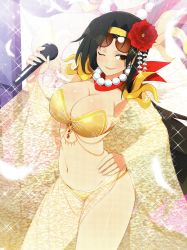 Rule 34 | 10s, 1girl, absurdres, bikini, black hair, breasts, brown eyes, cleavage, feathers, flower, glass, hair flower, hair ornament, hairband, hand on own hip, highres, holding, jasmine (senran kagura), jewelry, large breasts, long hair, microphone, navel, necklace, official art, one eye closed, open mouth, pearl necklace, scan, see-through, senran kagura, shiny clothes, smile, sparkle, strapless, strapless bikini, sunglasses, sunglasses on head, swimsuit, yaegashi nan, yellow bikini