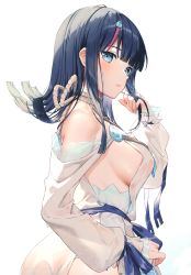 Rule 34 | 1girl, absurdres, ass, blue eyes, blue hair, blue ribbon, blunt bangs, blush, breasts, cowboy shot, dripping, fate/grand order, fate/requiem, fate (series), from behind, hand up, highres, long hair, long sleeves, looking at viewer, looking back, magatama hair ornament, medium breasts, multicolored hair, parted lips, red hair, ribbon, rope, rosuuri, sash, scan, see-through, sideboob, sidelocks, simple background, solo, utsumi erice, water drop, white background