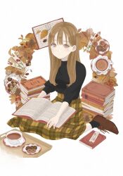 Rule 34 | 1girl, autumn leaves, berry, black socks, black sweater, book, book on lap, book stack, bookmark, brown eyes, brown footwear, brown hair, checkerboard cookie, chocolate chip cookie, closed mouth, cookie, cup, dot mouth, dot nose, drink, floral print, flower, food, fruit, hair over shoulder, highres, leaf, long hair, long skirt, open book, orange (fruit), orange slice, original, pale skin, plaid, plaid skirt, plate, red flower, saucer, shoes, simple background, sitting, skirt, sleeves past wrists, socks, solo, sweater, teacup, tray, two-tone skirt, white background, yellow skirt, yuum1709