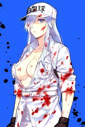 Rule 34 | 10s, 1girl, absurdres, bad id, bad pixiv id, blood, blood in hair, blood on breasts, blood on clothes, blood on face, blouse, blue background, blue eyes, breasts, cleavage, clothes writing, collarbone, employee uniform, genderswap, genderswap (mtf), hair over one eye, half-closed eyes, hataraku saibou, hataraku saibou black, highres, large breasts, long hair, loon 7774, no bra, open clothes, open shirt, pants, shirt, simple background, sleeves rolled up, solo, standing, u-1196, uniform, very long hair, white blood cell (hataraku saibou), white hair, white pants, white uniform