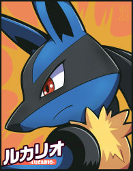 Rule 34 | 1boy, animal ears, artist name, black border, border, character name, closed mouth, creatures (company), face, furry, furry male, game freak, gen 4 pokemon, japanese text, lucario, male focus, nintendo, no humans, orange background, pokemon, pokemon (creature), red eyes, signature, simple background, two-tone background, wolf ears, woofzilla