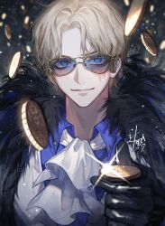 Rule 34 | 1boy, absurdres, alternate costume, ascot, blonde hair, coin, coin flip, fur trim, gold coin, highres, looking at viewer, male focus, one piece, portrait, sabo (one piece), scar, scar across eye, short hair, smile, solo, sqloveraven, sunglasses
