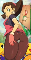 Rule 34 | 1girl, ass, bad id, bad pixiv id, black panties, blue sky, blush, brown hair, brown pantyhose, butt plug, capcom, cloud, cropped jacket, cross-section, crotch plate, day, dildo, discreet vibrator, gloves, green eyes, hair pulled back, hair slicked back, hairband, highres, jewelry, mega man (series), mega man legends (series), merunyaa, object insertion, outdoors, panties, pantyhose, pink gloves, pink hairband, public indecency, public vibrator, puffy short sleeves, puffy sleeves, pussy juice, robot, servbot (mega man), sex toy, short sleeves, sky, solo, standing, the misadventures of tron bonne, thighs, tron bonne (mega man), underwear, vaginal, vaginal object insertion, vibrator, vibrator under clothes, vibrator under panties