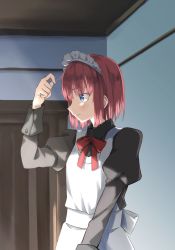 Rule 34 | 1girl, adjusting hair, apron, black dress, blue eyes, blush, bow, bowtie, chiizu ore, closed mouth, commentary request, door, dress, hand in own hair, highres, hisui (tsukihime), indoors, juliet sleeves, long sleeves, looking away, maid, maid apron, maid headdress, profile, puffy sleeves, red bow, red hair, short hair, solo, sunlight, tsukihime, upper body, white apron