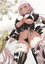 Rule 34 | 1girl, ahoge, alternate costume, alternate hairstyle, bikini, black bikini, black bow, black skirt, blonde hair, blush, bow, breasts, bridal gauntlets, cameltoe, ceiling, chandelier, closed mouth, elbow gloves, fate/grand order, fate (series), frills, from below, gloves, gold choker, groin, highres, holding, holding mop, jeanne d&#039;arc (fate), jeanne d&#039;arc alter (avenger) (fate), jeanne d&#039;arc alter (fate), large breasts, long hair, looking at viewer, looking down, maid, maid bikini, maid headdress, mop, navel, revealing clothes, side-tie bikini bottom, skindentation, skirt, solo, sweatdrop, swimsuit, thigh strap, thighhighs, twintails, unconventional maid, uo denim, v-shaped eyebrows, very long hair, white hair, wrist cuffs, zipper