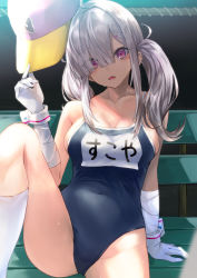 Rule 34 | 1girl, ahoge, bandaged arm, bandages, baseball cap, blush, breasts, cleavage, competition school swimsuit, eyes visible through hair, gloves, hair ornament, hair over one eye, hairclip, hat, highres, konkito, large breasts, long hair, looking at viewer, mole, mole under eye, name tag, nijisanji, open mouth, purple eyes, school swimsuit, silver hair, sitting, solo, sukoya kana, sweat, swimsuit, twintails, virtual youtuber, white gloves, white legwear, wrist cuffs