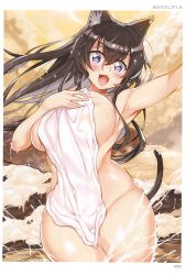 Rule 34 | + +, 1girl, absurdres, aburidashi zakuro, animal ears, arm up, armpits, artist name, blush, brown hair, covering privates, cowboy shot, fang, hair between eyes, hand on own chest, highres, long hair, naked towel, nude cover, open mouth, outdoors, page number, purple eyes, scan, skin fang, solo, tail, thighs, toranoana, towel, wading, wet