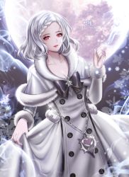 Rule 34 | 10s, 1girl, artist name, blade &amp; soul, braid, breasts, character request, cleavage, collarbone, dress, highres, jewelry, magic, moon, pendant, ravaniz, red eyes, skirt hold, snowflakes, solo, white dress, white hair