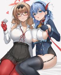 Rule 34 | 2girls, absurdres, ako (blue archive), bad id, bad pixiv id, bell, black skirt, black thighhighs, blue archive, blue eyes, blue hair, blue jacket, blush, breasts, chinatsu (blue archive), collar, collared shirt, dress shirt, garter straps, glasses, gloves, hair between eyes, hair ribbon, hairband, half gloves, halo, highres, jacket, large breasts, leash, light brown hair, long hair, long sleeves, looking at viewer, low twintails, multiple girls, neck bell, neck ribbon, pantyhose, pleated skirt, pointy ears, red pantyhose, ribbon, shirt, sideboob, skirt, thighhighs, thighs, twintails, white shirt, xubai, yellow eyes