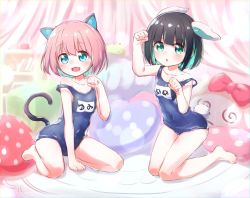 Rule 34 | 2girls, animal ear fluff, animal ears, arm up, arms up, barefoot, black hair, blue eyes, blue one-piece swimsuit, cat ears, cat girl, cat tail, child, clenched hands, fang, feet, green eyes, highres, kneeling, legs, looking at viewer, multiple girls, name tag, one-piece swimsuit, open mouth, original, paw pose, pillow, pink hair, rabbit ears, rabbit girl, rabbit tail, school swimsuit, short hair, sitting, smile, strap slip, stuffed toy, swimsuit, tail, thighs, toes, yamada yamao