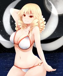 Rule 34 | 1girl, alternate costume, arano oki, bikini, blonde hair, blush, breasts, cleavage, crescent, curvy, drill hair, fairy wings, female focus, full moon, highres, jewelry, large breasts, long hair, luna child, moon, navel, necklace, o-ring, o-ring bikini, aged up, red eyes, smile, solo, swimsuit, touhou, white bikini, wide hips, wings
