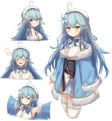 Rule 34 | &gt; &lt;, 1girl, :t, absurdres, ahoge, belt, beret, black corset, blouse, blue coat, blue hair, blue neckwear, blue skirt, bow, bowtie, braid, breasts, brown belt, center frills, cleavage cutout, closed mouth, clothing cutout, coat, collared shirt, colored tips, corset, cropped torso, drooling, drunk, elf, flower, frilled shirt, frilled skirt, frilled thighhighs, frills, fur-trimmed coat, fur trim, hair between eyes, hair flower, hair ornament, half updo, hat, heart, heart ahoge, highres, hololive, large breasts, leather belt, light blush, long hair, miniskirt, mouth drool, multicolored hair, multiple views, nano (nandemo note31), off shoulder, pleated skirt, pointy ears, pout, shirt, simple background, skirt, sleeveless, sleeveless shirt, smile, snowflake hair ornament, snowflake print, streaked hair, thighhighs, underbust, very long hair, virtual youtuber, white background, white headwear, white shirt, white thighhighs, yellow eyes, yukihana lamy