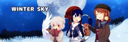 Rule 34 | 3girls, :d, ^ ^, adapted costume, alternate costume, animal ears, bad id, bad twitter id, bag, beanie, blowing on hands, blue eyes, blue hair, buna shimeji (keymush), closed eyes, coat, commentary, contemporary, doremy sweet, earrings, earth (ornament), english text, closed eyes, feathered wings, feathers, food, hat, hecatia lapislazuli, height difference, jacket, jewelry, kishin sagume, long hair, mittens, moon, moon (ornament), multiple girls, night, night sky, open mouth, outdoors, pom pom (clothes), red eyes, red hair, ribbed sweater, scarf, short hair, silver hair, single wing, sky, smile, snow, sweater, sweet potato, tail, tapir ears, tapir tail, touhou, tree, turtleneck, white feathers, wings, winter, winter clothes