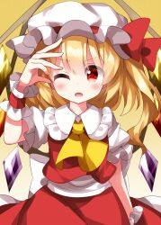 Rule 34 | 1girl, ascot, blonde hair, blush, collared shirt, crystal, flandre scarlet, frilled shirt collar, frills, hair between eyes, hat, highres, long hair, mob cap, one eye closed, open mouth, red eyes, red skirt, red vest, ruu (tksymkw), shirt, simple background, skirt, solo, touhou, upper body, vest, white hat, white shirt, wings, yellow ascot, yellow background